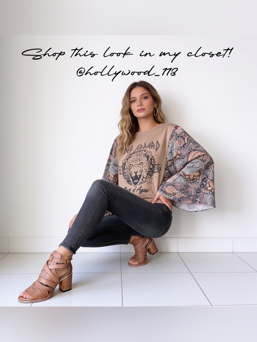 Shop this look! Graphic band tee, Freebird heels, + Tommy Hilfiger jeans